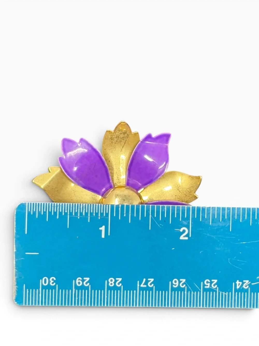 70s Vintage Flower Pin Purple Enamel Gold Tone Sculptural 3D Mod GoGo MCM 2”